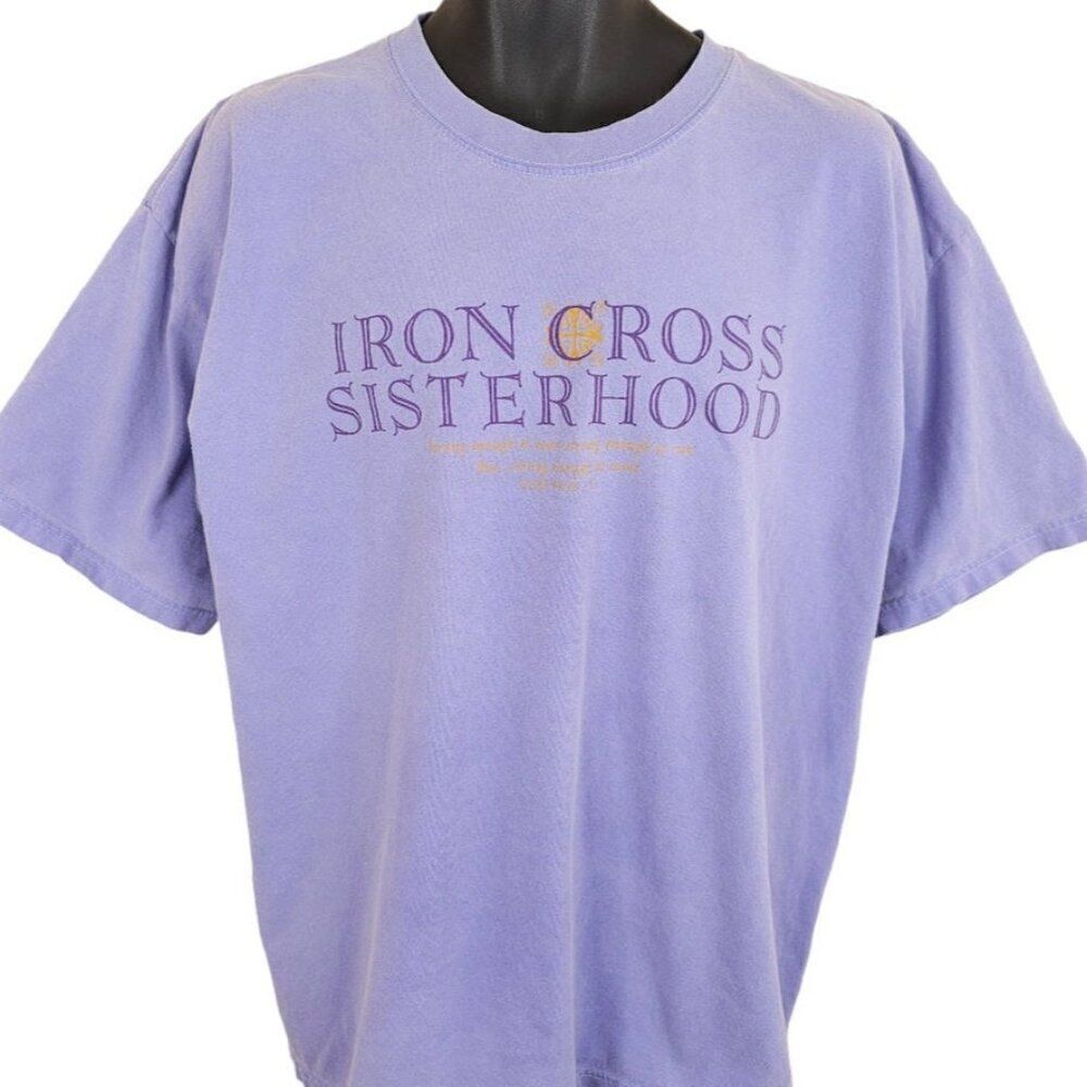 Vintage Christian T Shirt Mens Size XL Purple Iron Cross Sisterhood Bible Verse